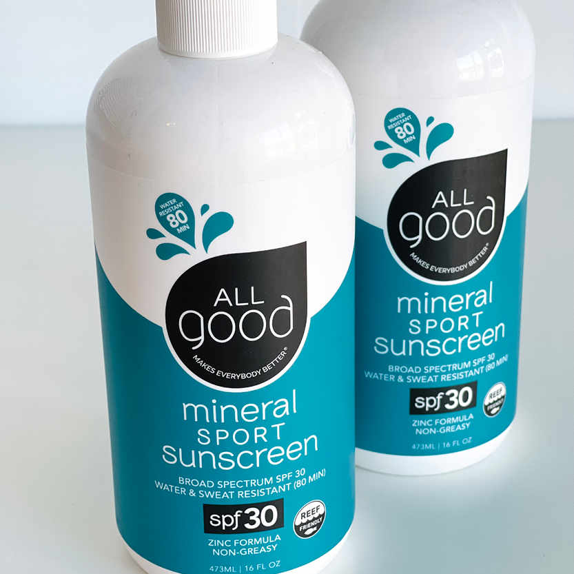 ALL GOOD Mineral Sport Sunscreen, non-greasy, zinc formula. 