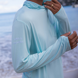 Detail of the sleeve embroidery and thumbholes of the Burgee Co Bamboo hooded sunshirts with UPF50+ fabric in color Sandy Bay